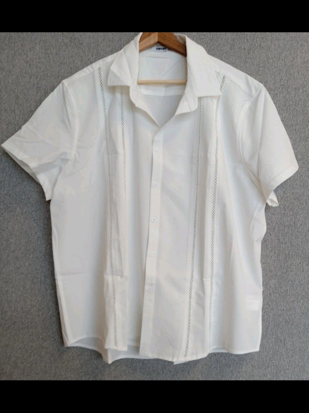 Men's White Short-Sleeve Button-Down Shirt with Decorative Panels